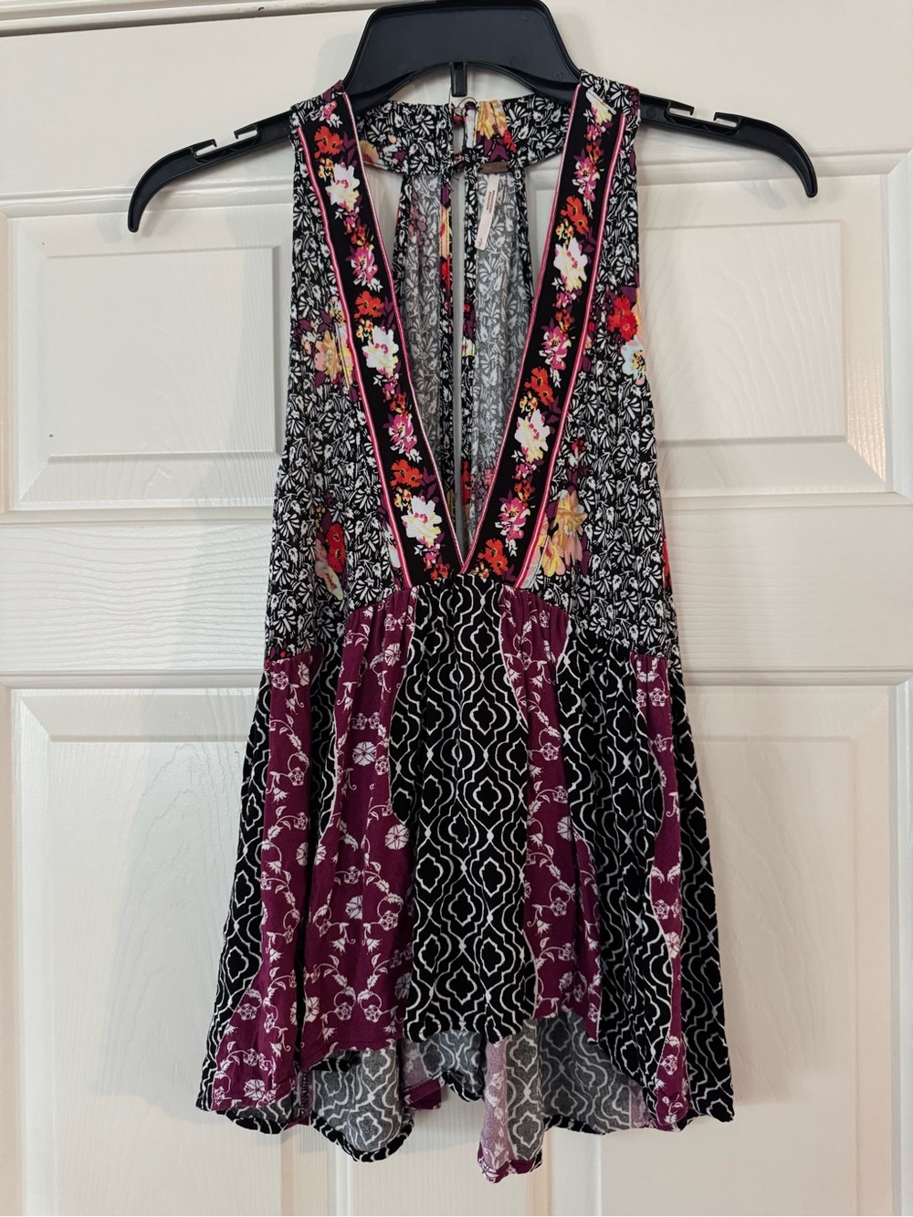 Free People Black and Burgundy Floral Patchwork Halter Tank size small